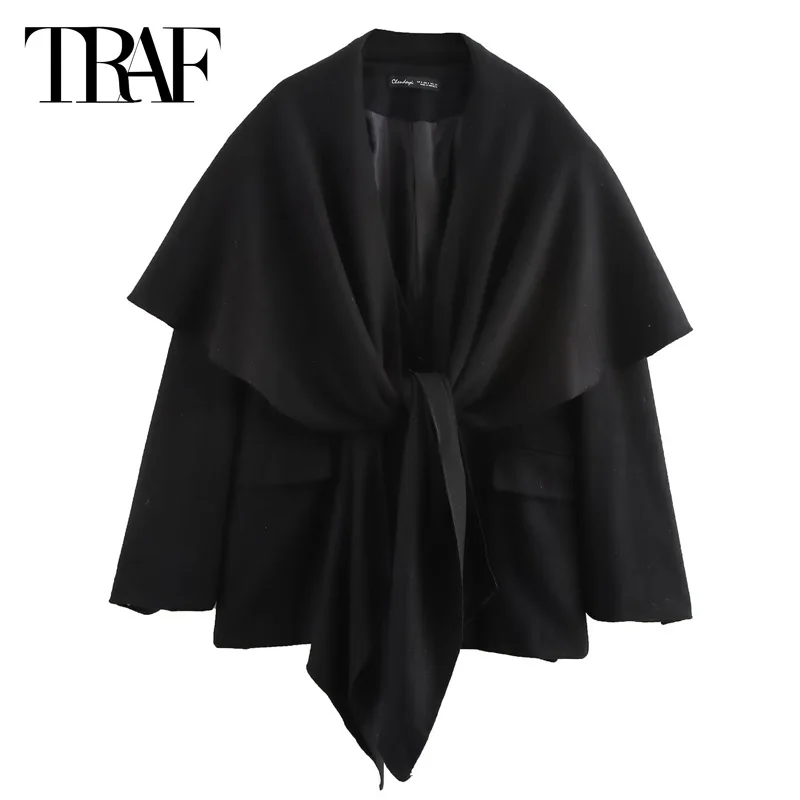 TRAF 2024 Blazer para mujer, ropa de oficina, prendas de vestir exteriores negras para mujer, abrigo de mezcla de lana, nuevo en abrigos, bufanda elegante para mujer, Blazers de manga larga