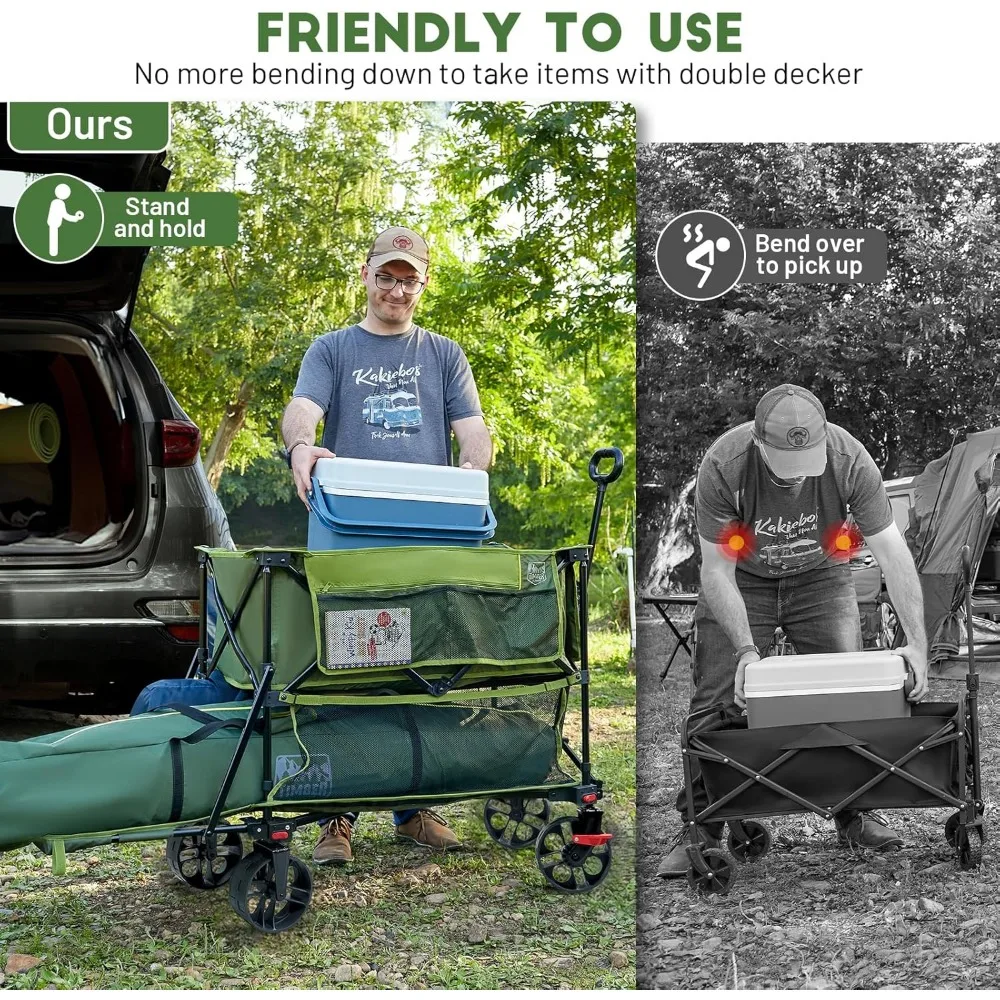 Large Capacity Folding Double Decker Wagon with Brakes, 54 Extra Long Extender Cart, 660lbs Heavy Duty for Outdoor Adventures