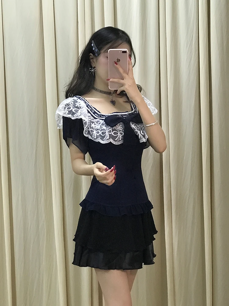 Sommer 2022, neue Spitze, Spleißen, quadratischer Kragen, Taille, Cinching-Top, hohe Taille, schlankmachender Rock, ort Dring, zweiteiliges Set für...