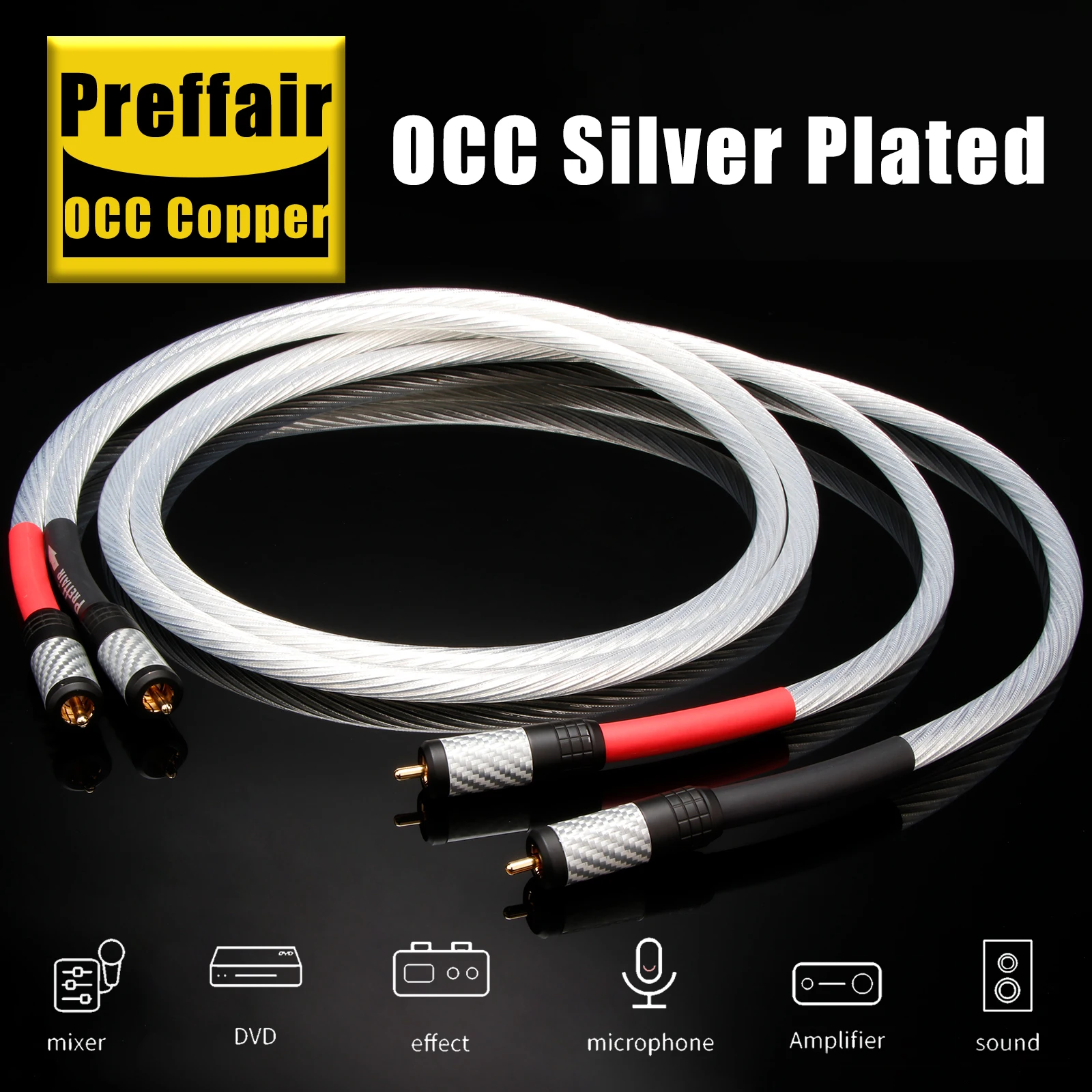 Preffair X428R1773 RCA Interconnecting Cables with 24K White Carbon Fiber RCA Connector for AMP/DAC/DVD/Mixer--1 Pair