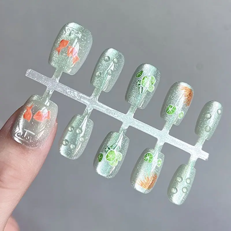 

10pcs Press On Kawaii Handmade False Nails With Lotus Leaf Koi Fish Patterns Summer Short Green Nail Tips For Women&Girls