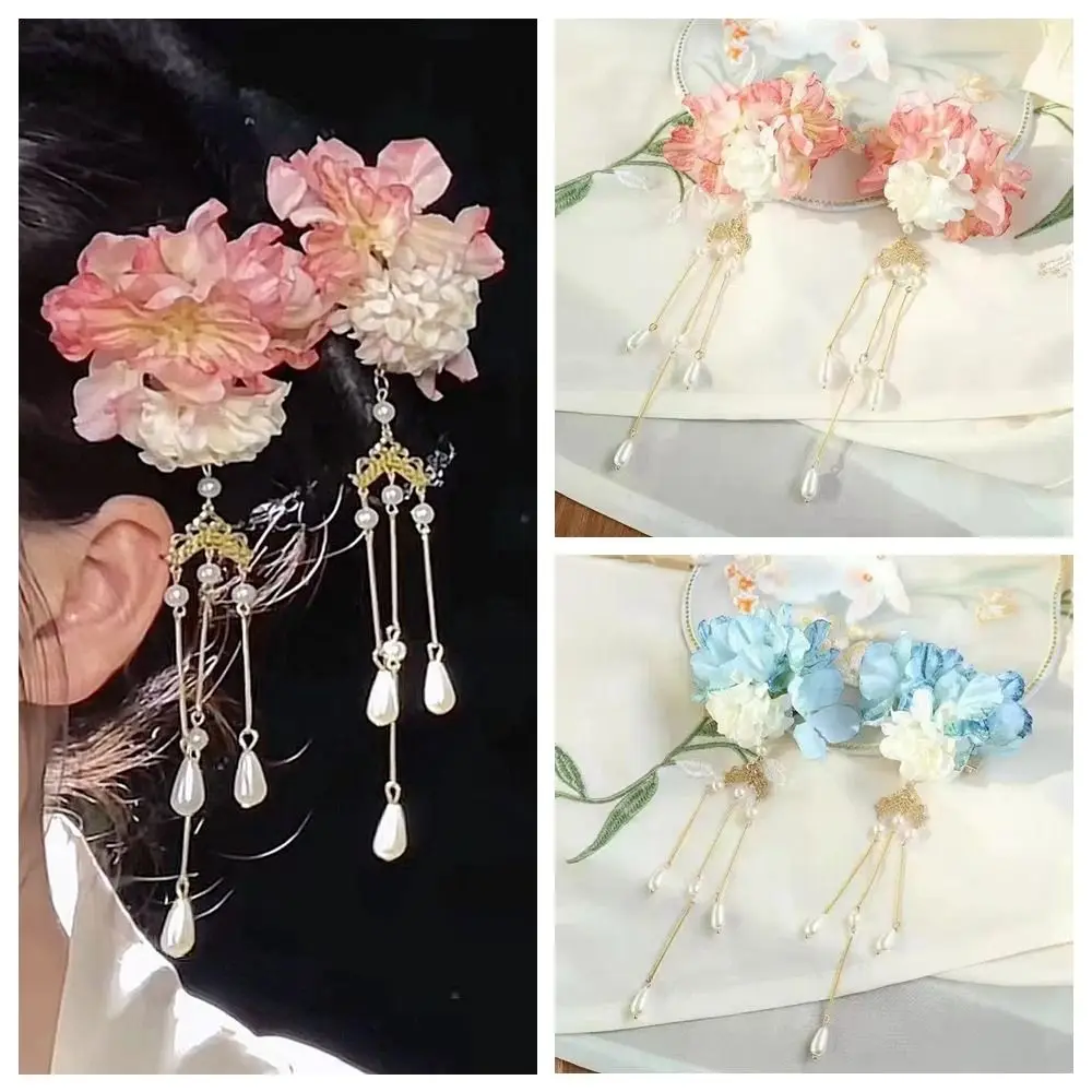 

2Pcs Elegant Tassel Flower Hair Clip Side Clip Styling Headwear Duckbill Clip Chinese Hanfu Hair Accessories Barrettes Women