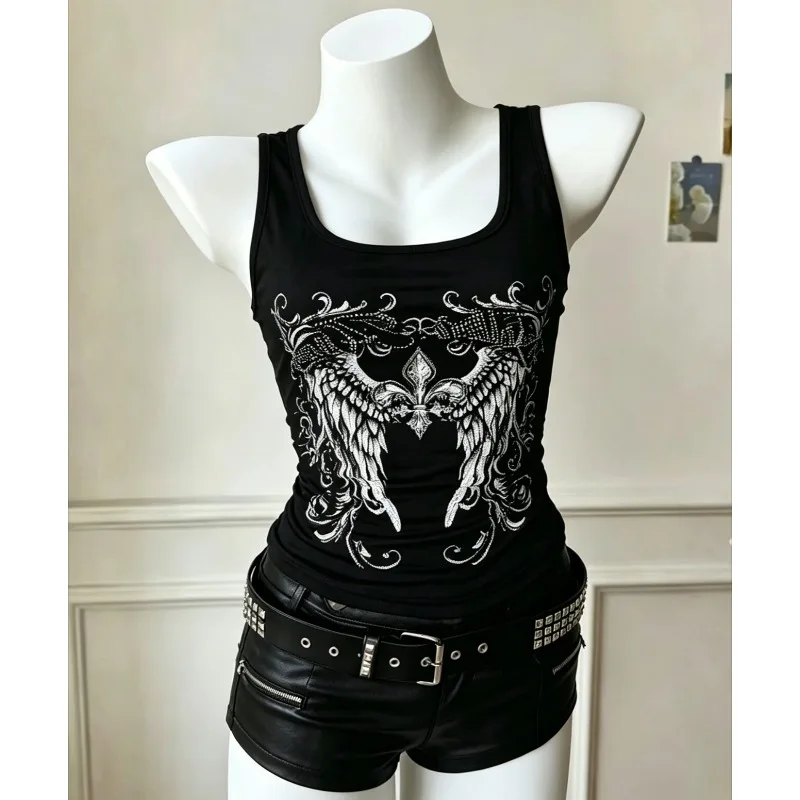 Summer Y2K Gothic Dark American Vintage Sexy Black Slim Fit Wing Print Tank Tops Women Harajuku Clubwear Daily Wear Casual Tops