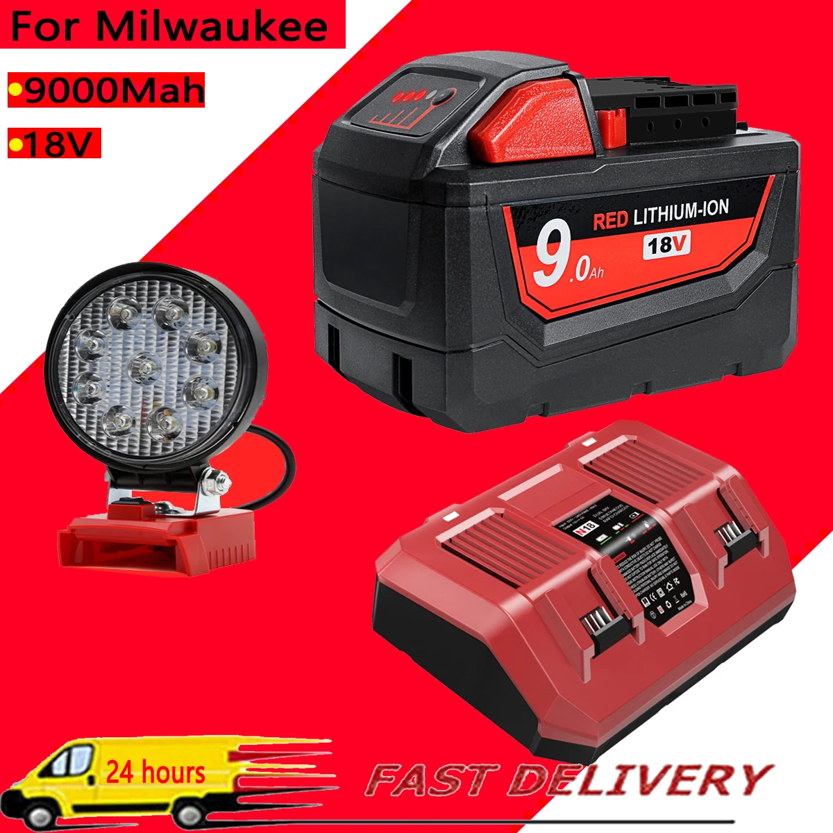 For Milwaukee M18 Battery 18V 9.0Ah Replacement Lithium Battery for Milwaukee M18 48-11-1815 48-11-1850 2604-22 Battery Charger