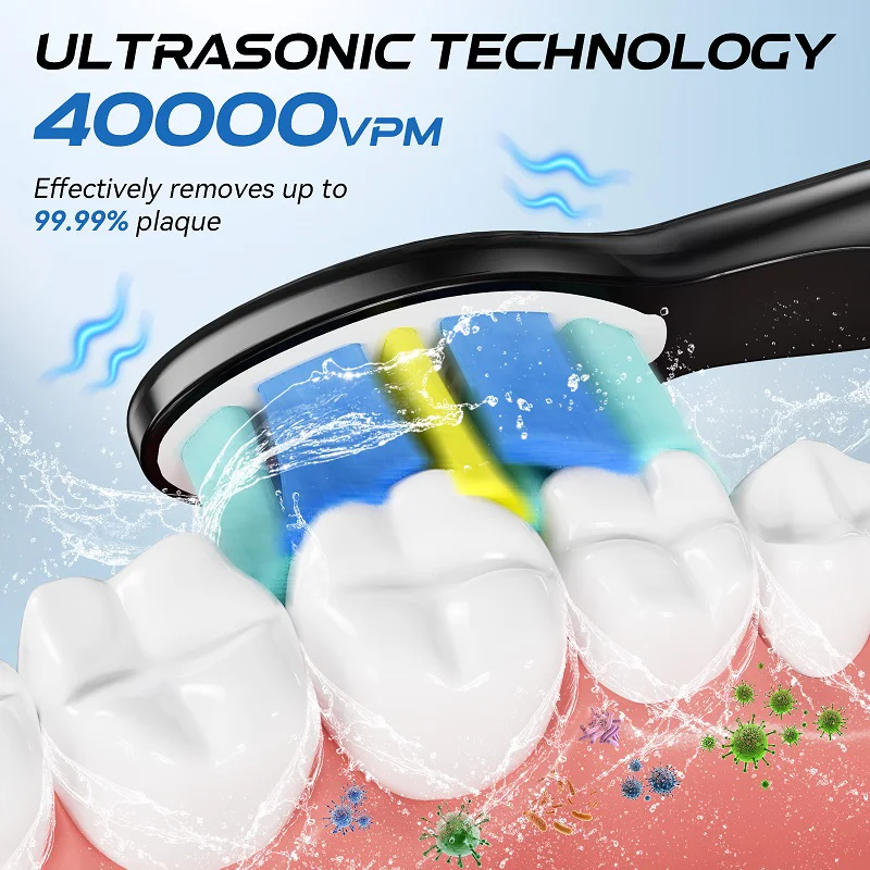 YUNCHi Sonic Electric Toothbrush USB Charger Tooth Cleaner 8 pcs Replacement Brush Heads 30 Days Long Battery Life 5 Modes Y5