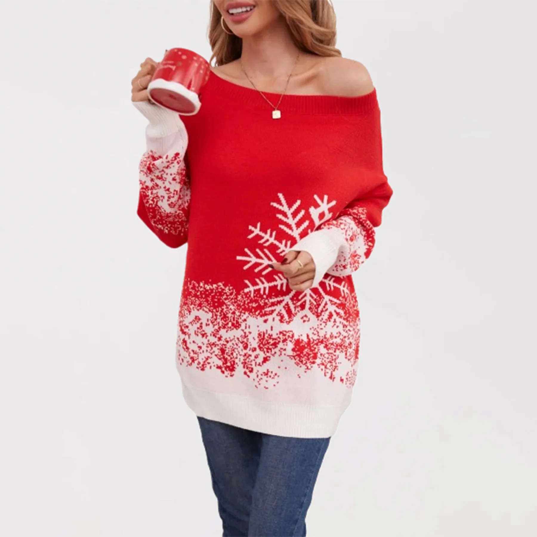 Women's New Fall/winter Off-the-shoulder Snowflake Spell Color Pullover Knit Sweater, Christmas Patchwork Mid-length Sweater