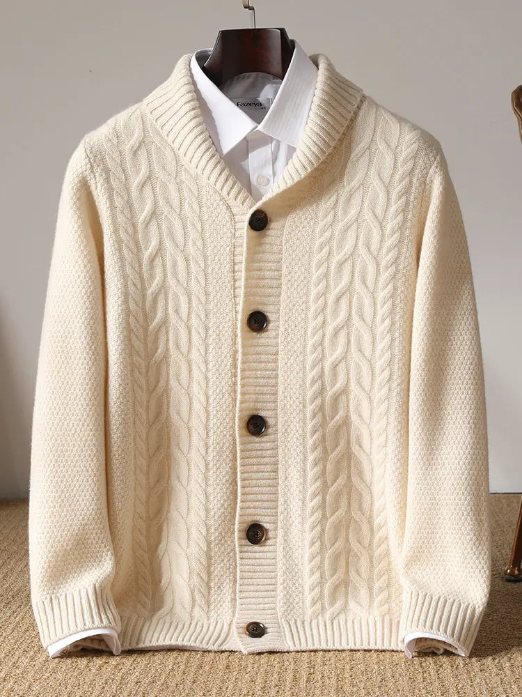 100% Australian wool button-down cardigan green fruit collar thickened solid color sweater business casual cashmere knitted
