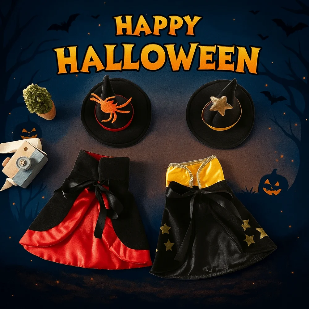 

Funny Star Halloween Pet Costume with Witch Hat Stand-collar Cat Cosplay Cloak Adjustable Bow Small Dog Knight Cape Cat