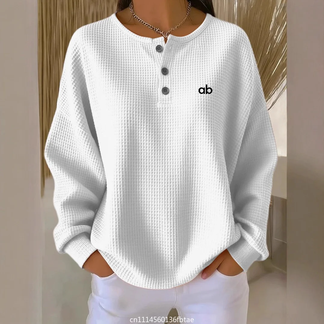 2026 NEW Autumn Winter Women Waffle Knit Top Solid Round Neck Button Placket Loose Long Sleeve Versatile Casual Pullover Blouse