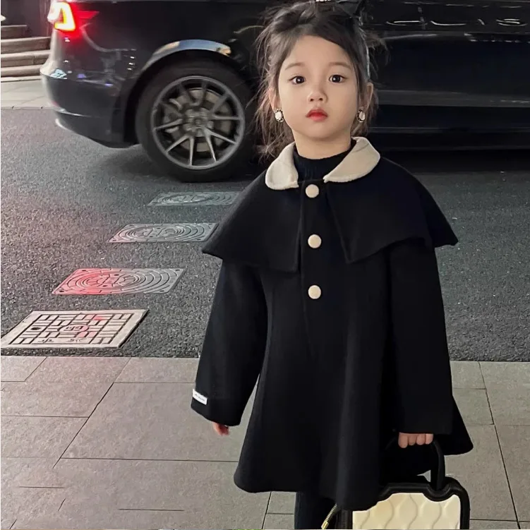 Girls Coat 2024 Winter New Childrens Wear Korean Style Baby Girls Foreign Chanels Style Woolen Coat Casual Simple Daily