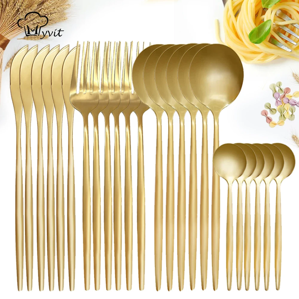 

24Pcs Stainless Steel Cutlery Set Gold Tableware Mirror Dinnerware Dinner Tea Spoon Fork Knife Western Silverware Flatware Set