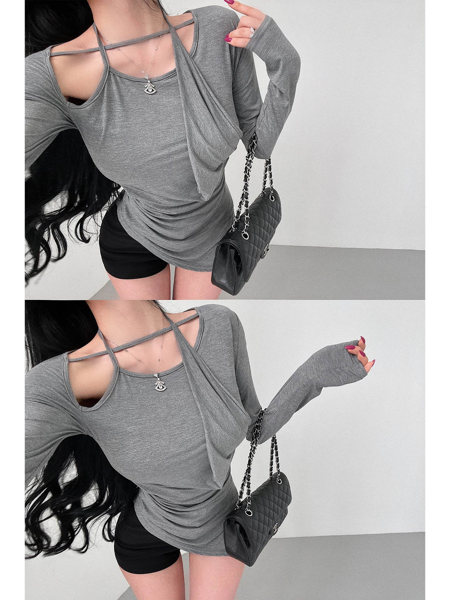 Young Girl Day Asymmetrical Hem Long Sleeve T-Shirt Women's Casual Style Gathered Waist Neck Hanging Top Irregular Pleats