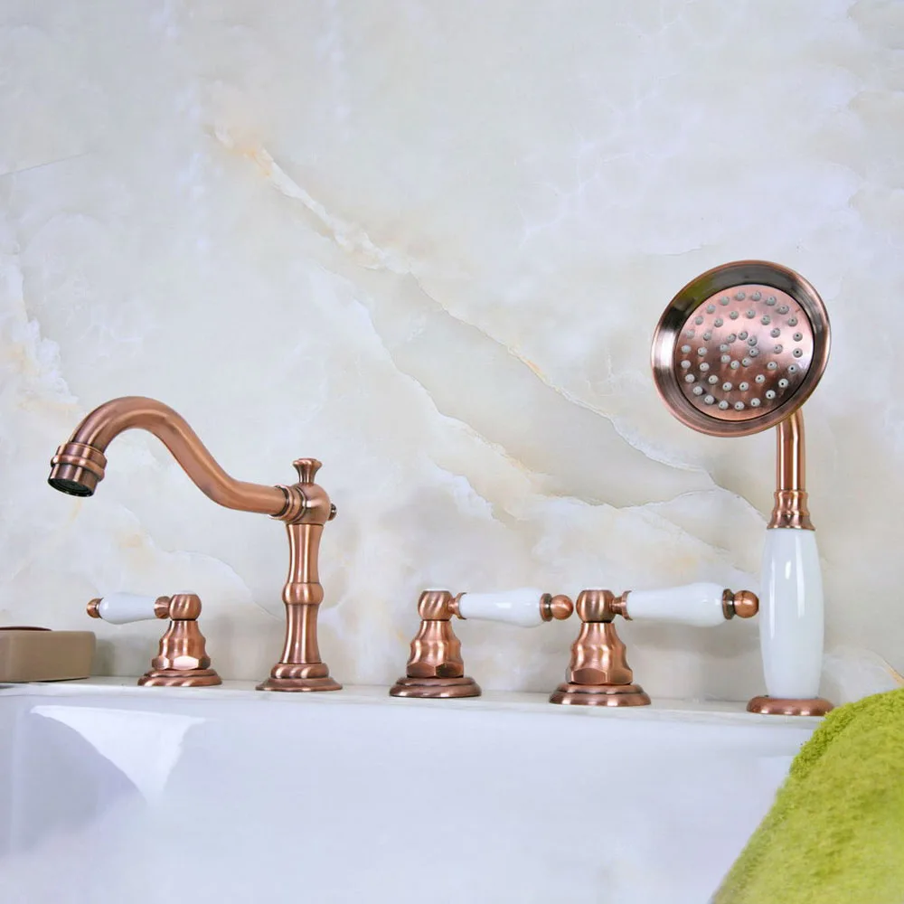 

Antique Red Copper Five Hole Deck Mounted Bathroom Tub Faucet Set with 150CM Handheld Spray Shower Mixer Tap 2tf227