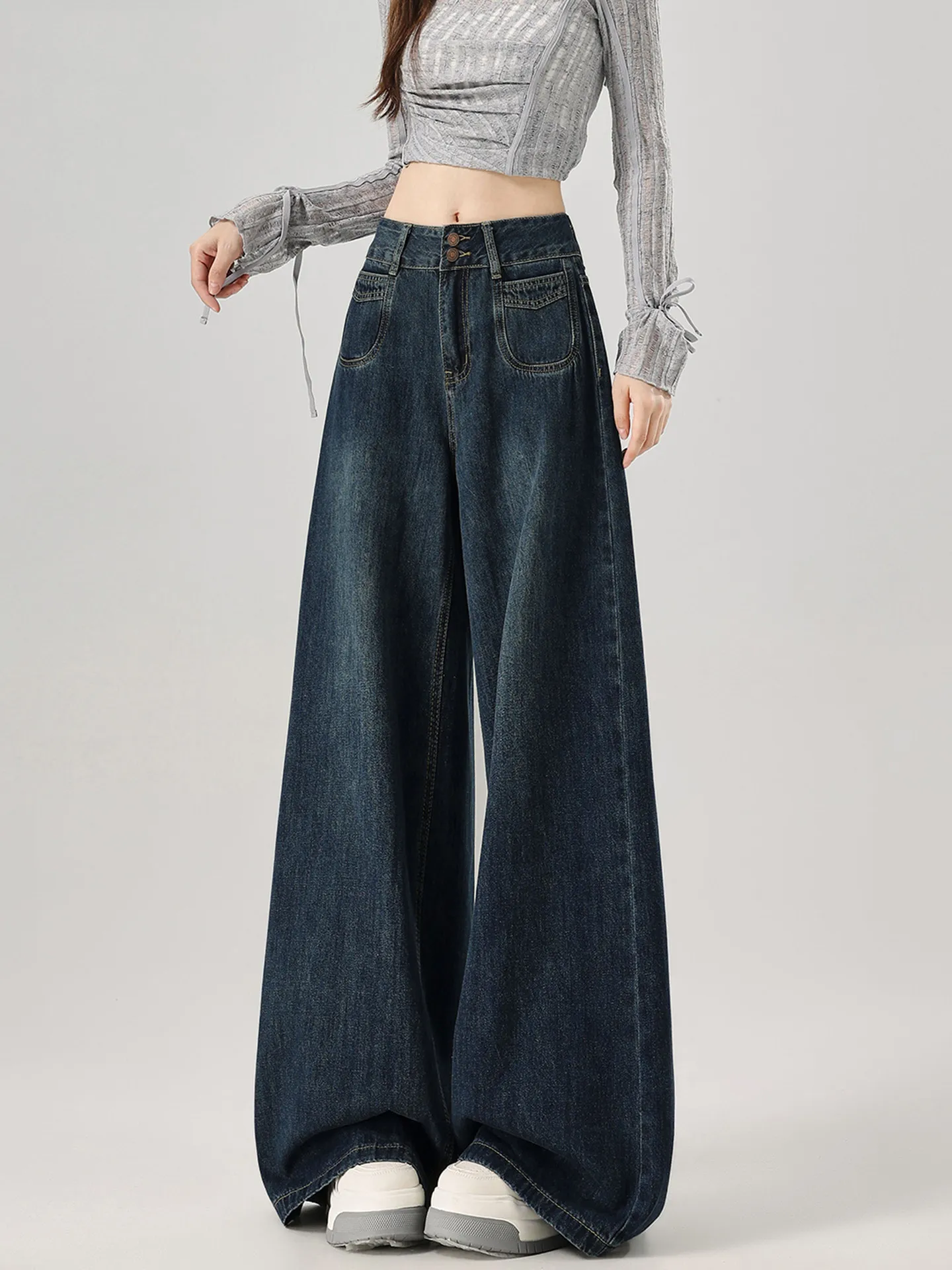 Women Dark Blue Y2k Jeans Vintage Harajuku Grunge Hiphop Oversize Denim Trousers Baggy Washed Straight Wide Leg Long Jean Pants