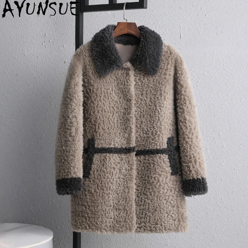 100% AYUNSUE Sheep Shearing Jackets Female Clothes Winter Jacket for Women 2024 Mid-length Wool Coats Fur Coat Roupas Femininas