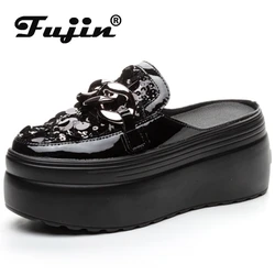 Fujin 8cm Air Mesh Patent Microfiber Leather Women Bling Sandals Shoes High Brand Fashion Casual Platform Wedge Slippers Summer