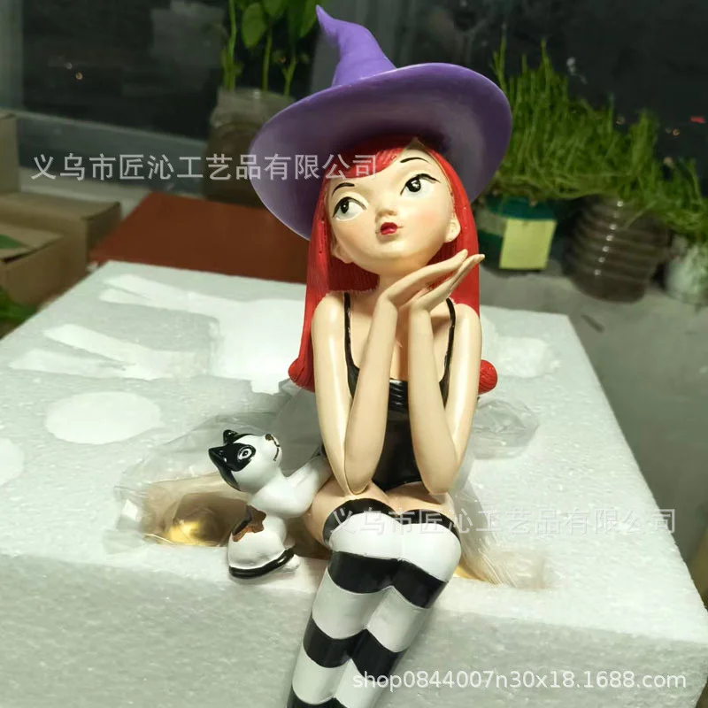 Halloween Witch Figurine Sitting Bookshelf, Decoration Green Hair Black Cat, Resin Statue Gothic Home Party, Table Ornament Gift