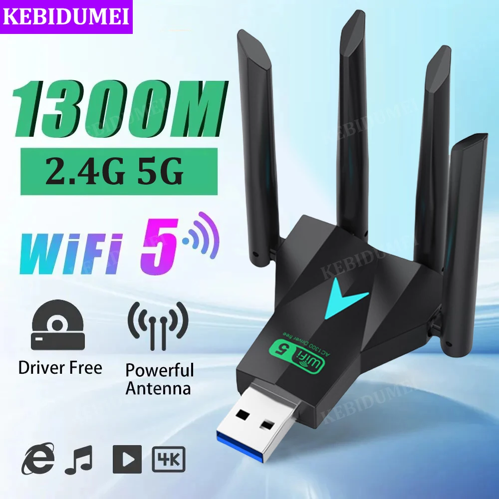1300Mbps USB 3.0 WiFi Adapter Wireless Network Card Dual Band 2.4G 5G Wireless WiFi Dongle For PC Laptop Win7/10/11 Driver Free