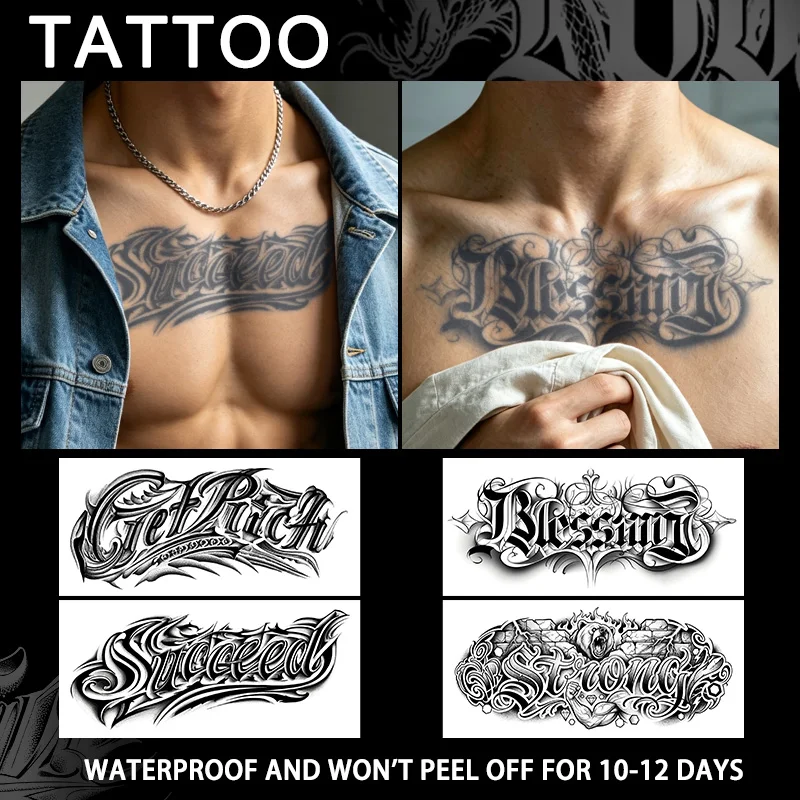 Gothic Quote Herbal Temporary Tattoo Stickers, Long-lasting Waterproof for 1~2 Weeks, For Man & Women Arm, Leg, Chest.