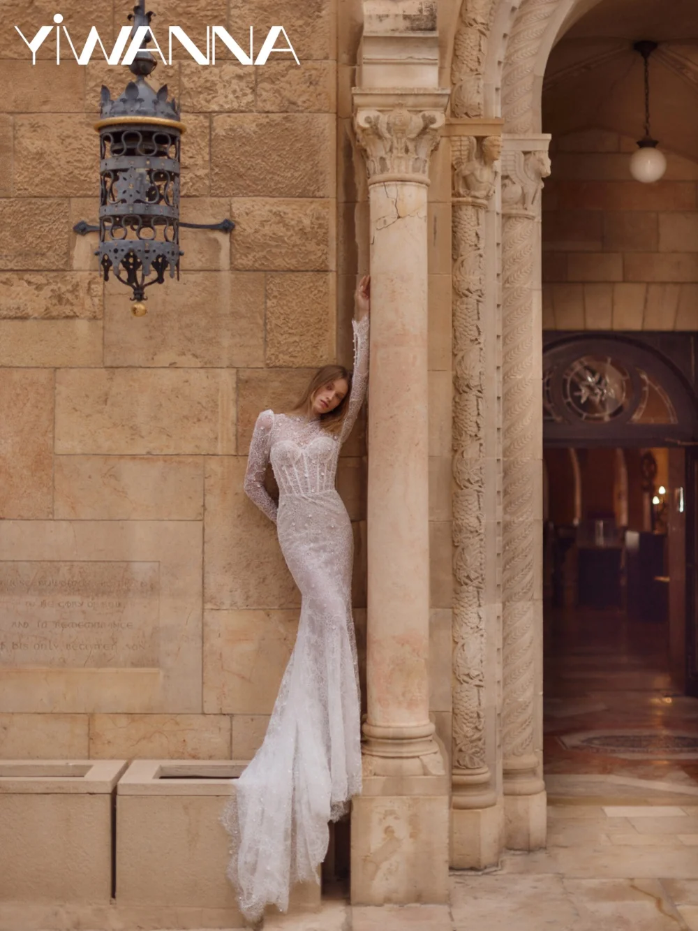 

Opulent Illusion Beaded Long Wedding Dress Classic High Collar Mermaid Bridal Gown New Customized Open Back Dresses For Bride