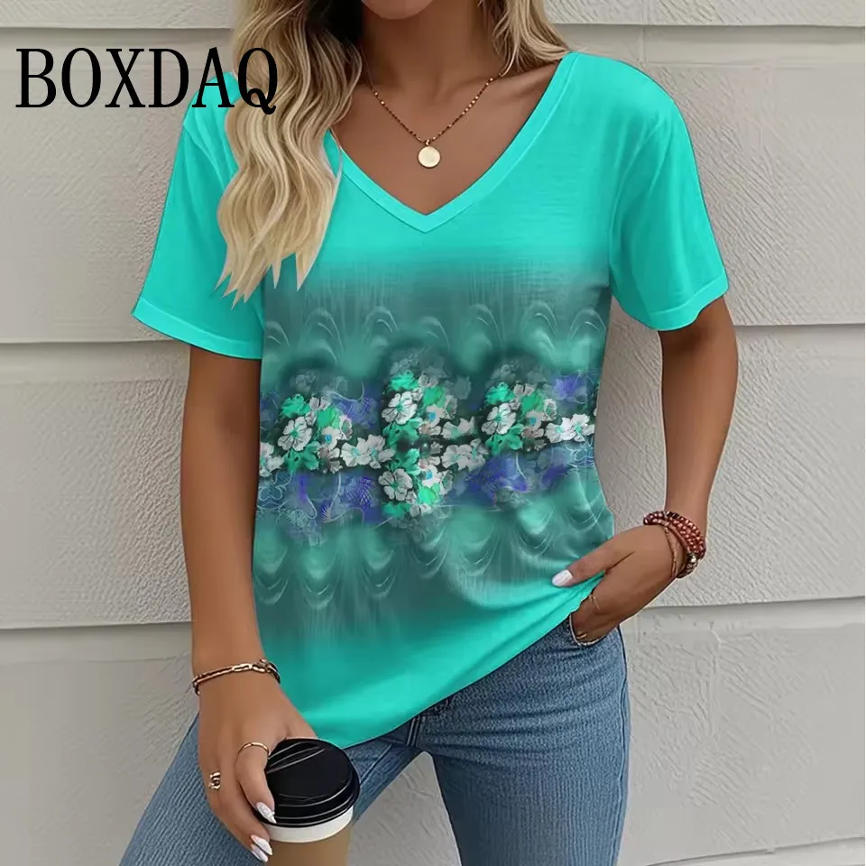 

2025 Summer T Shirt Plus Size Women Short Sleeve Loose Shirts Casual V-Neck Pullover Ladies Flower 3D Print Tee Tops Large Sizes