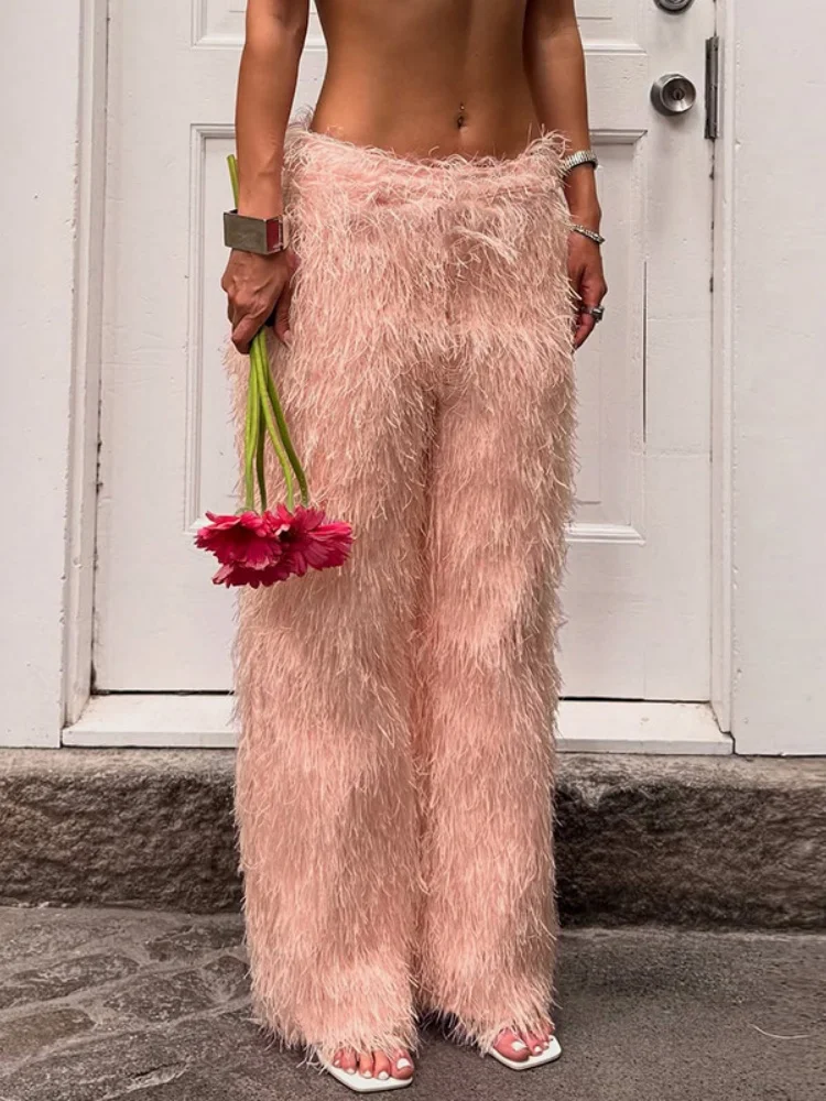 2025 Fashion Fall Women's Fringe Decorate Pants Casual Elastic Waist Straight Leg Trousers Party Club Female Bottoms Streetwear