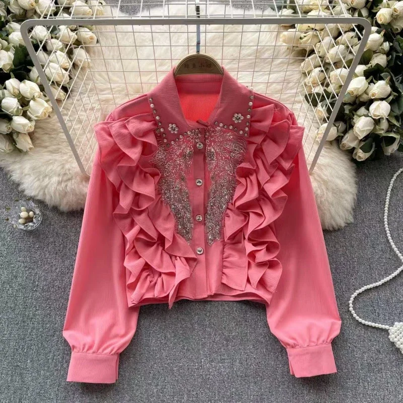 

Heavy Beading Sequin Wing Shirt for Women 2024 New Lapel Neck Black Blouses Y2k Long Sleeve Ruffles Blusas Mujer