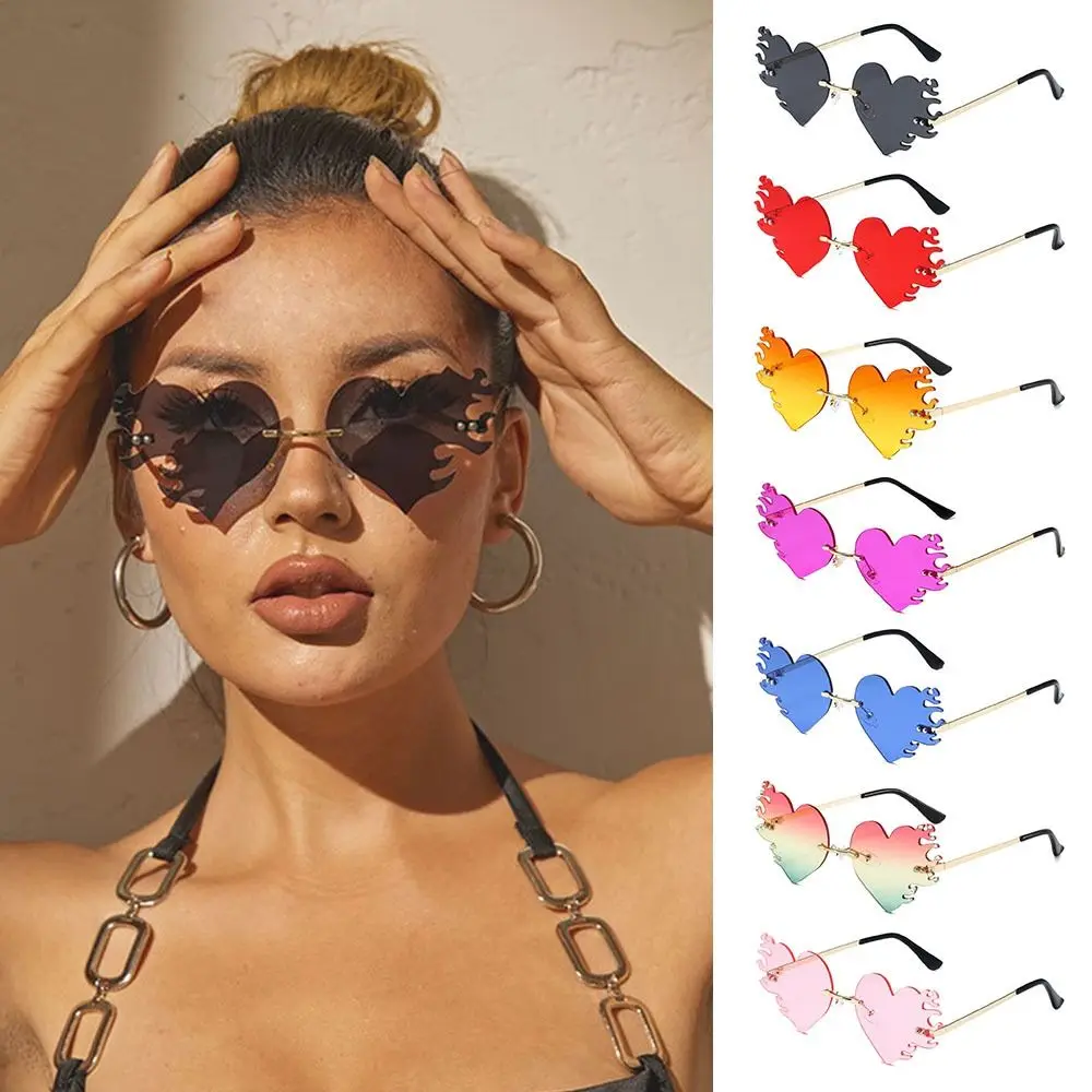 Rimless Fire Heart Shaped Sunglasses UV400 Protection Costume Motorcycle  Accessories Flame Love Sun Glasses Party Favor Eyewear