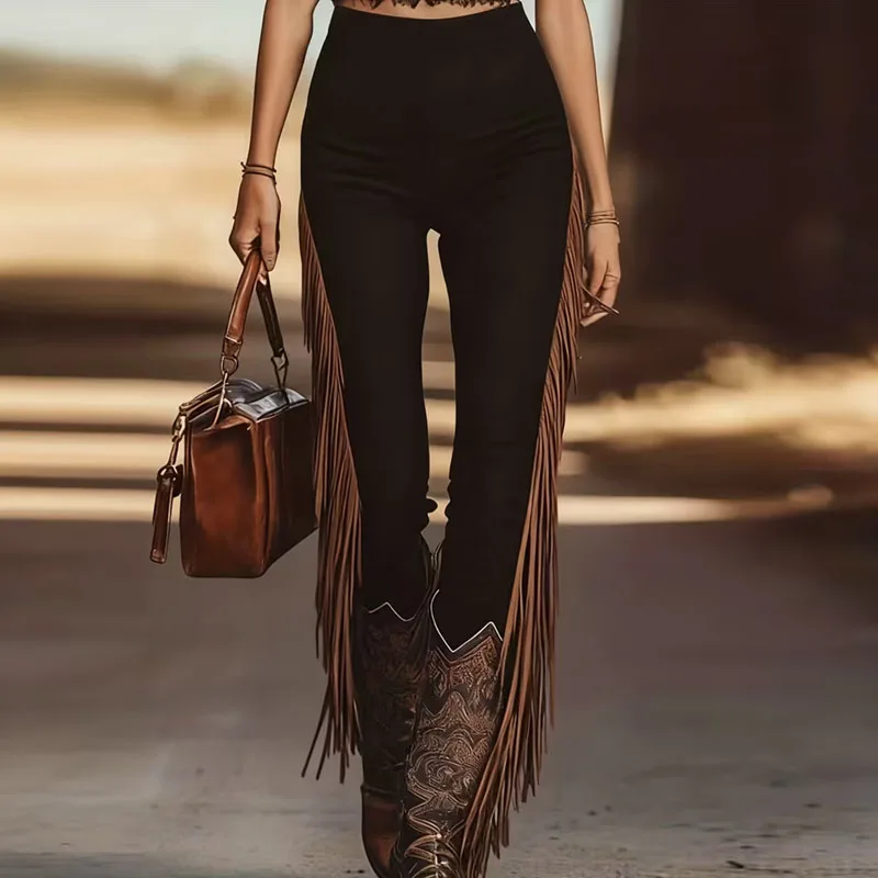 Western Vintage Patchwork Tassel Pants Woman 2026 Spring Elegant High Waist Slim Bodycon Trousers Summer Skinny Streetwear Pants