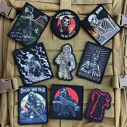 死のライフルリーパーモラルバッジスカル兵士戦術パッチ、フックアンドループ刺embroideryパッチ、ミリタリーバックパックステッカー