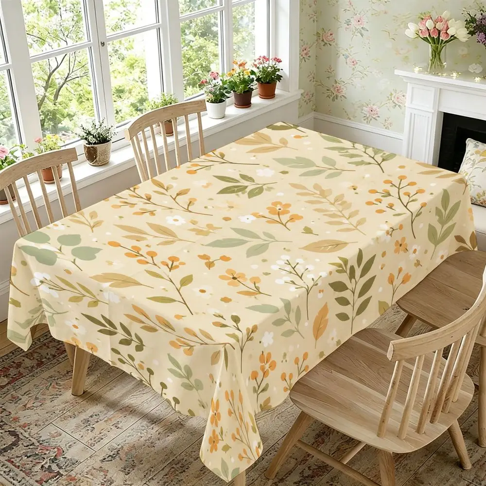 Floral Botanical Print Tablecloth - Elegant Farmhouse Style with Delicate Green Leaves And Yellow Flowers, Durable Fabric, Rectangular, Perfect for Dining Room Table Decor, Spring Summer Home Kitchen Party And Wedding Table Setting