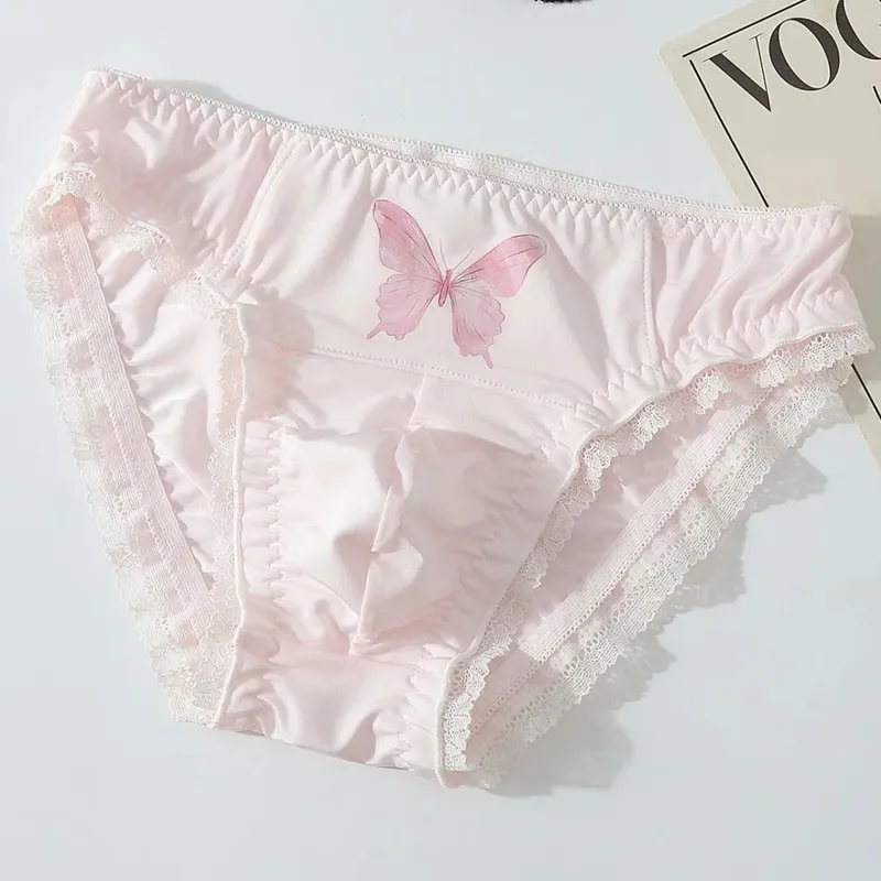 Cotton Butterfly Printing Man's Sexy Briefs High Waist Lace Trim Cross-dressing Panties Soft Comfortable Convex Pouch Underwear