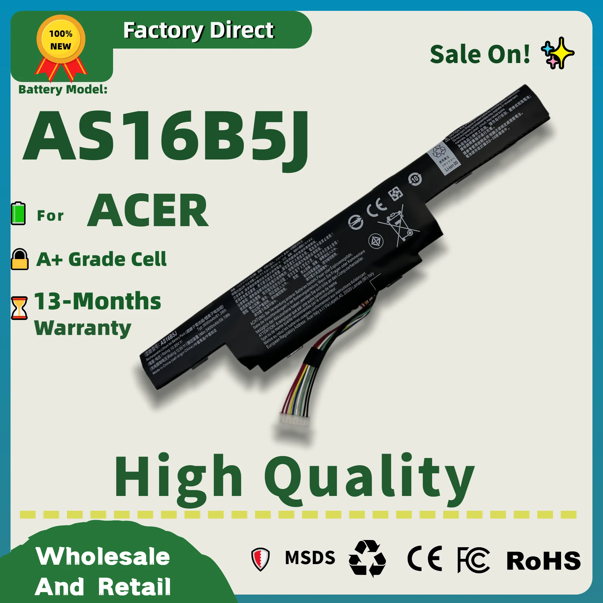 Factory Direct! AS16B5J Laptop Battery For Acer Aspire F15 E5-575G F5-573G E5-575G-53VG F5-573G-50BM Battery AS16B8J