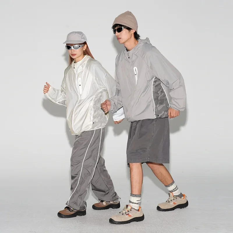 Men Outdoor Lightweight Breathable Splice Camouflage Reflective Stripe Casual Sport Hooded Sunscreen Jacket Women Techwear Coat