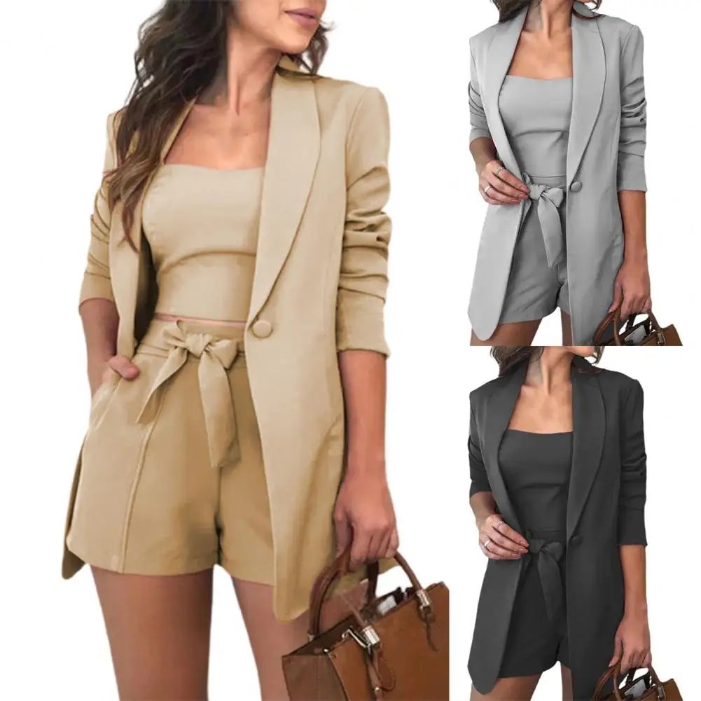 3Pcs/Set Women Suit Blazer Office Lady Outfit Pockets Solid Color Summer Coat Shorts Vest Set Loose Jacket Business Dress Suit