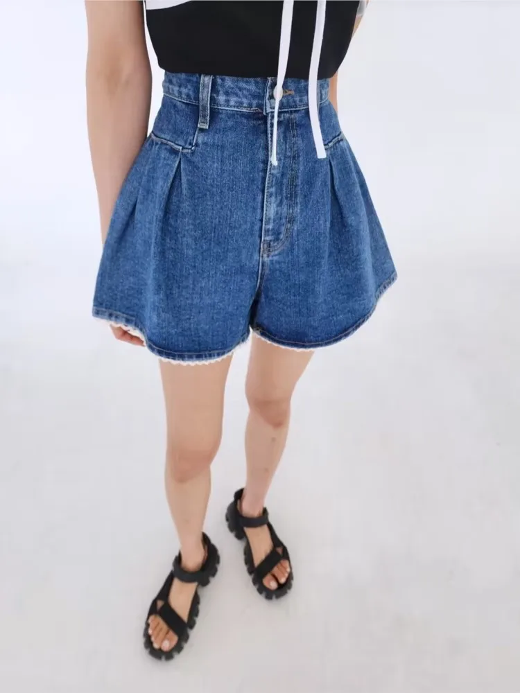 Denim Retro Zomer Mini Shorts Vrouwen Hoge Taille Mode Ruche Dames Broek Koreaanse Stijl Losse Plooidedwoman Shorts