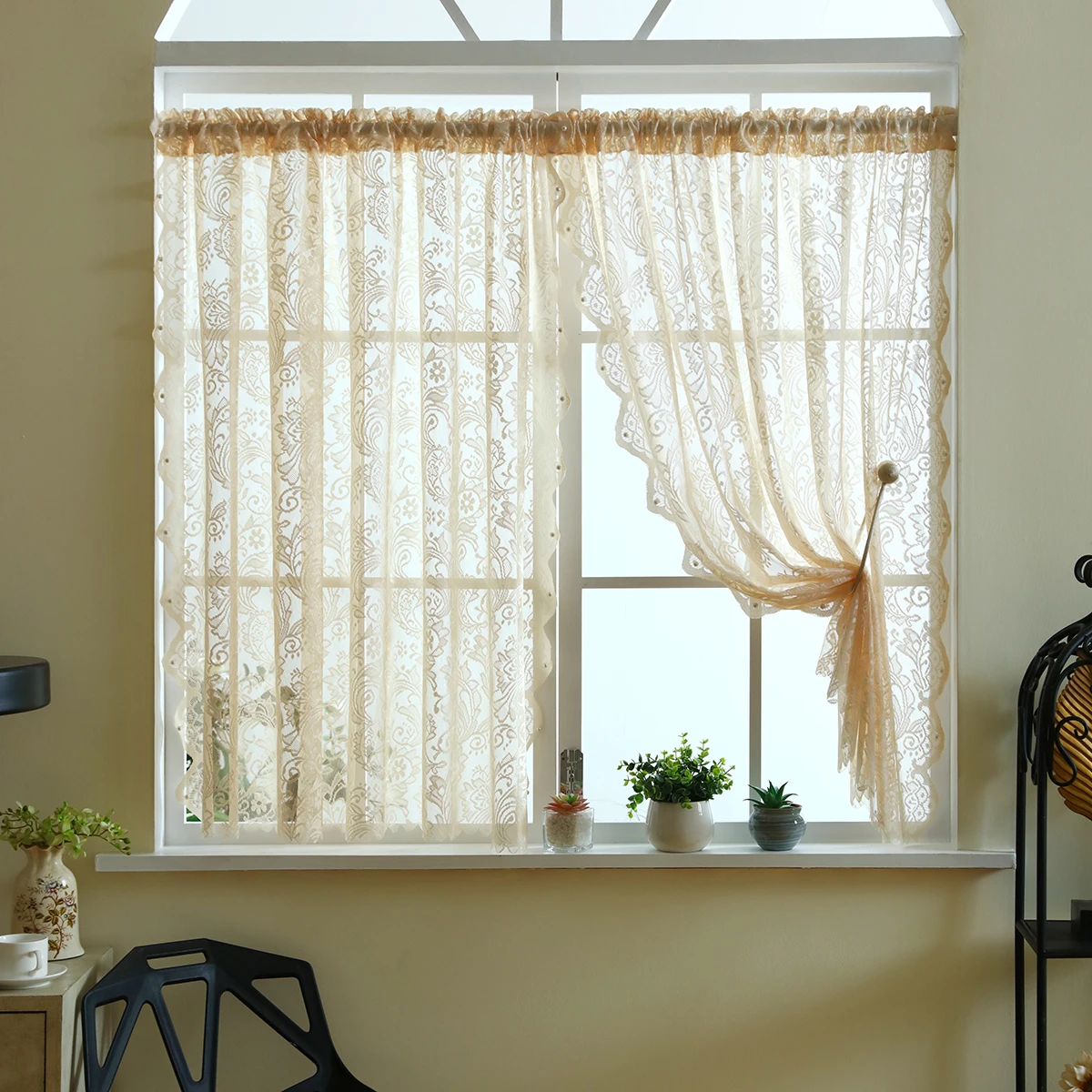 1pc Romantic White Lace Sheer Curtain，Rod Pocket，Floral Embroidery Short Gauze Curtain for Living Room，Kitchen Cabinet Curtain