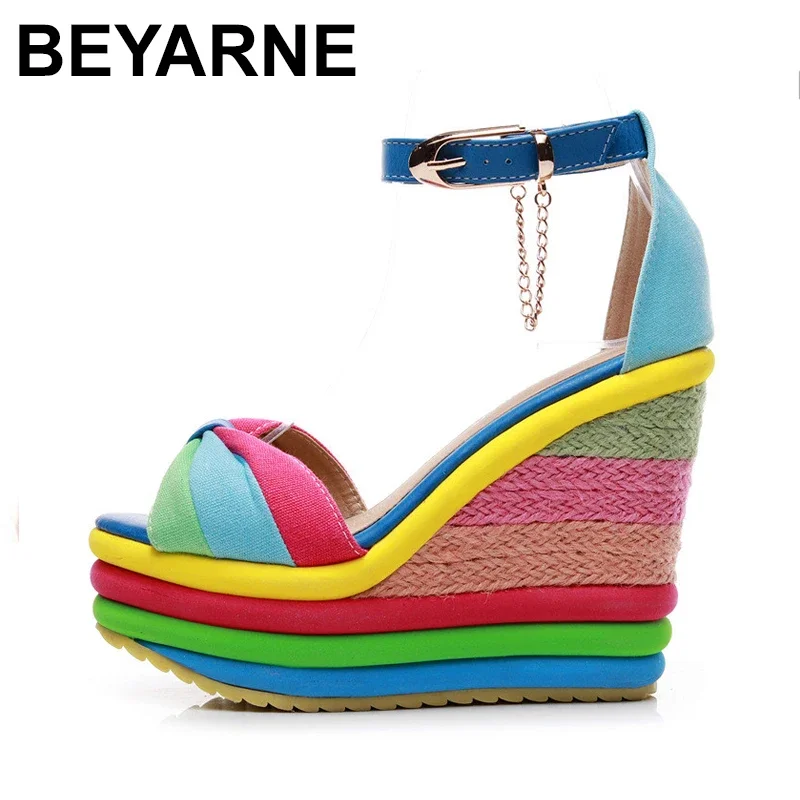 

BEYARNE Women's Platform Sandals Summer Shoes Fashion Rainbow High Heels Sandal Wedges Shoes For Women Summer Sandals 2020 Women