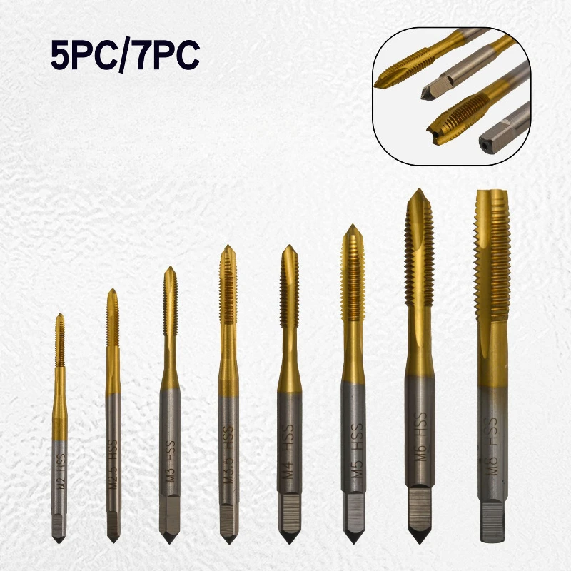 Juego de 5/7 brocas roscadoras HSS 6542 de titanio para máquina, machos de roscar métricos de estría recta, herramienta manual M2-M8