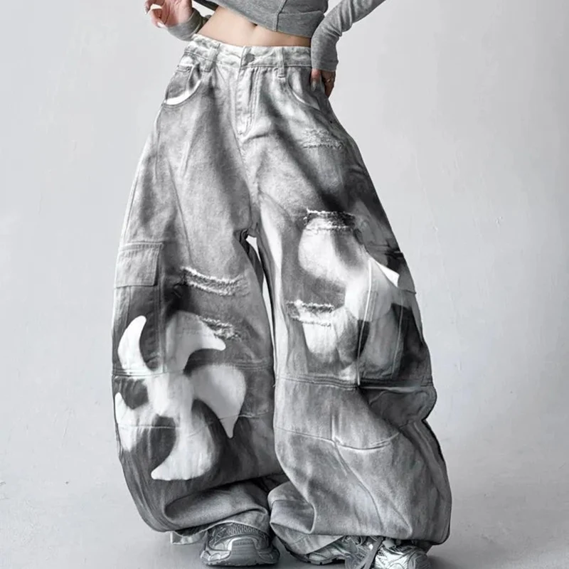 Women Spray Jazz Cargo Pants American Street Vintage Wide Leg Pants Harajuku Y2K Loose Casual High Waisted Lazy Trousers