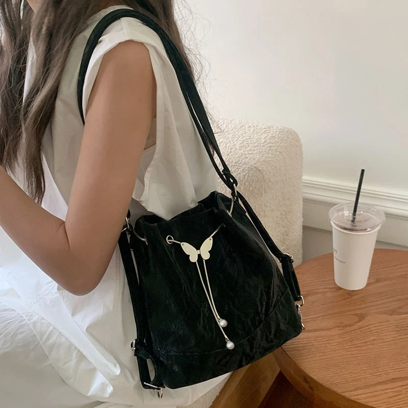 Women Mint Green Butterfly Drawstring Backpack Lady New Korean Style Jacquard Mini Bucket Bag Female Cutecore Shoulder Bags - view 3
