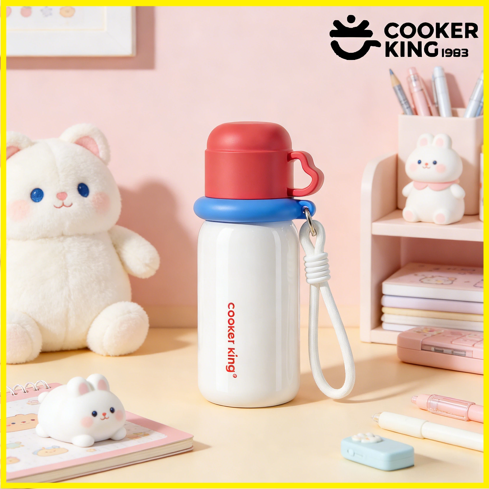COOKER KING 480 ml Kinder-Thermosbecher aus Edelstahl 316/304 + PP-Strohbecher mit Trageseil, Wasserflasche für den Schulgebrauch