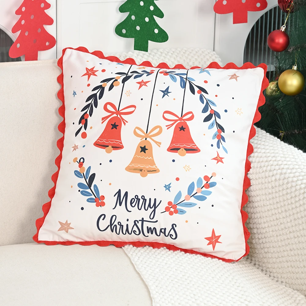 BUYNOW Christmas Letter Printed Lace Pillowcase Festive Atmosphere Party Livingroom Sofa 18x18inch Cushion Cover Home Bed Decor