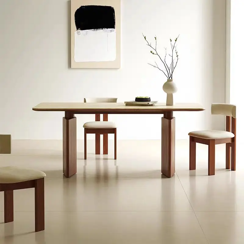 

Nordic travertine rock slab dining table household rectangular small apartment full support medium ancient ash wood solid wood