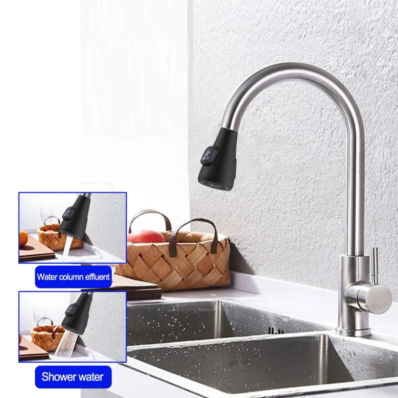 Kitchen Pull-Out Faucet Replacement Head Digital Display Temperature Sensor Nozzle Sink Basin Kitchen Pull Out Sprayer Nozzle