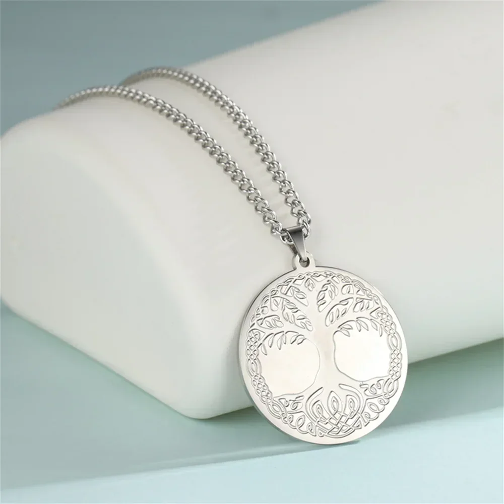 

My Shape Tree of Life Pendant Necklaces for Women Silver Color Stainless Steel Round Pendant Chain Choker Fashion Jewelry Gifts