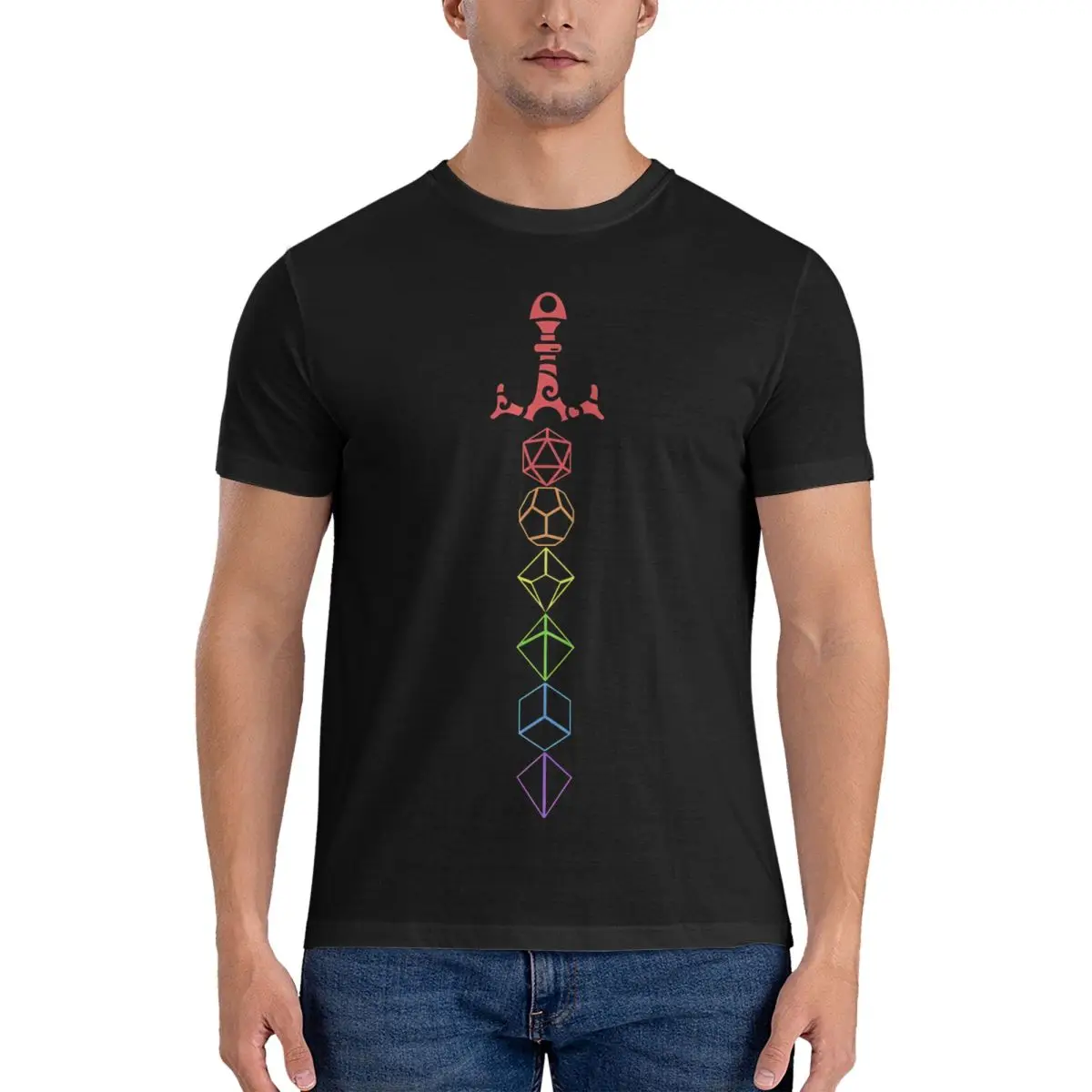 Rainbow Dice Sword Tabletop RPG Gaming T Shirts for Men Cotton Novelty T-Shirt Round Collar D-Dungeons And Dragons DND Tee Shirt