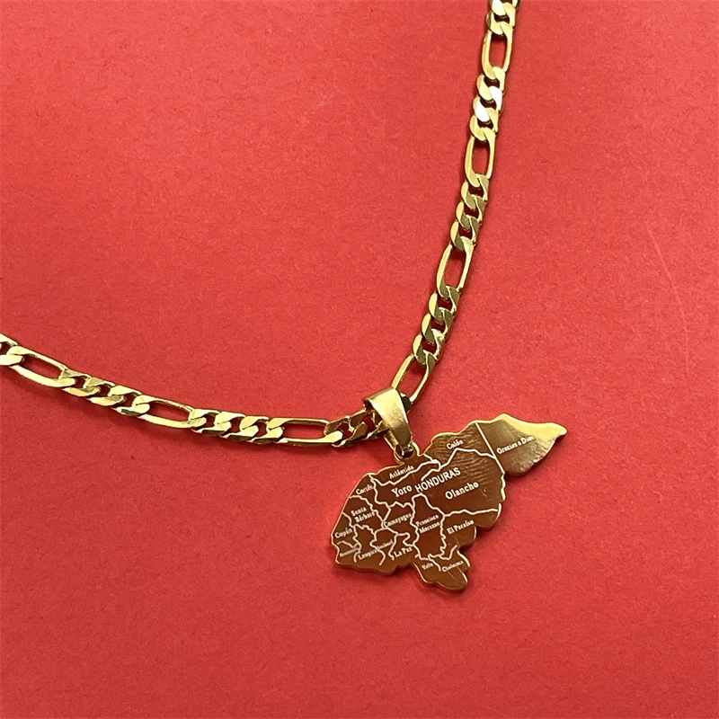 Laser engraved Honduras map hang tag necklace, stainless steel gold-plated overseas Chinese sentiment necklace
