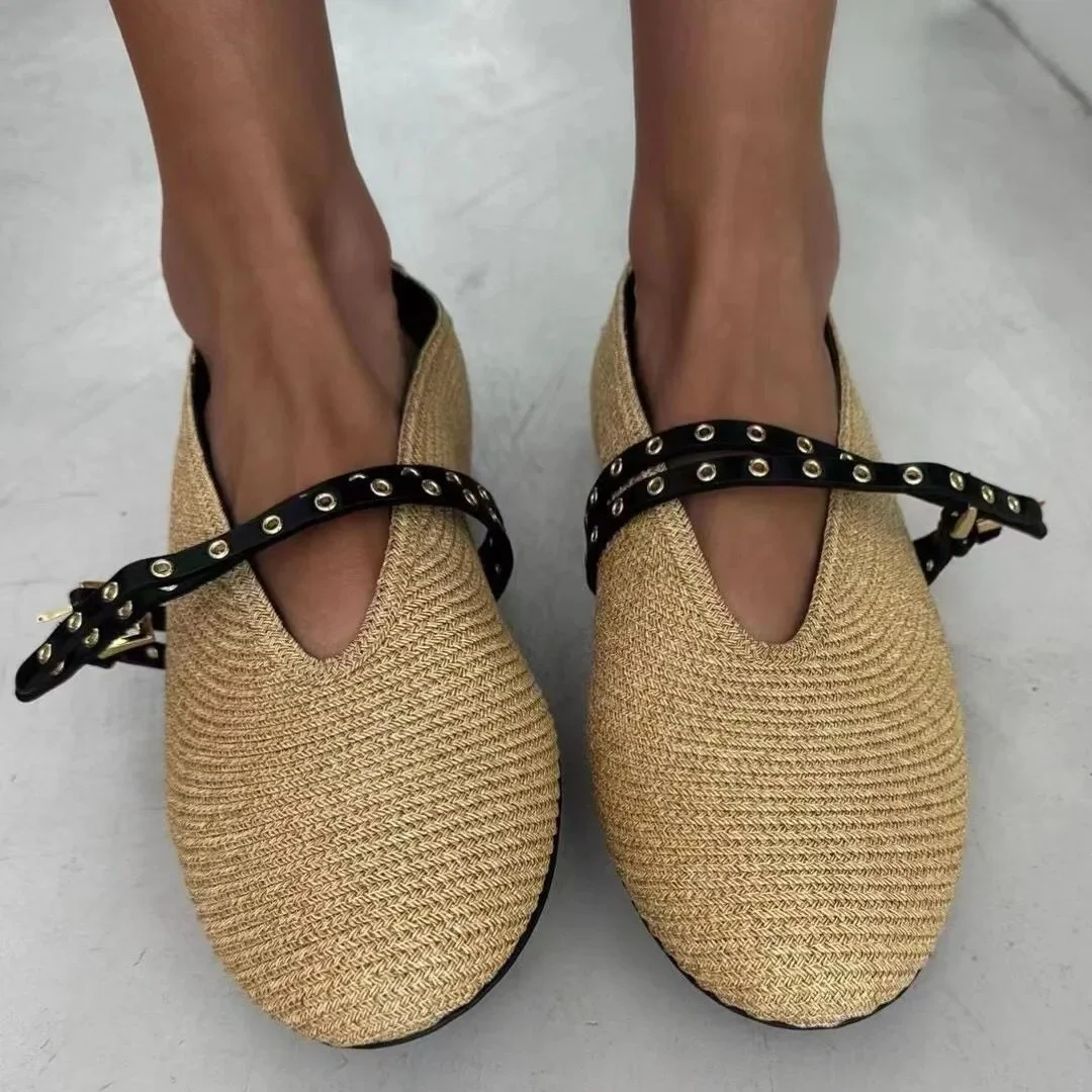 Woven Flat Ballet Shoes Brand Designer Shoes Female Belt Buckle Breathable Round Head Comfy Casual Twine Weaving Mary Jane Pumps