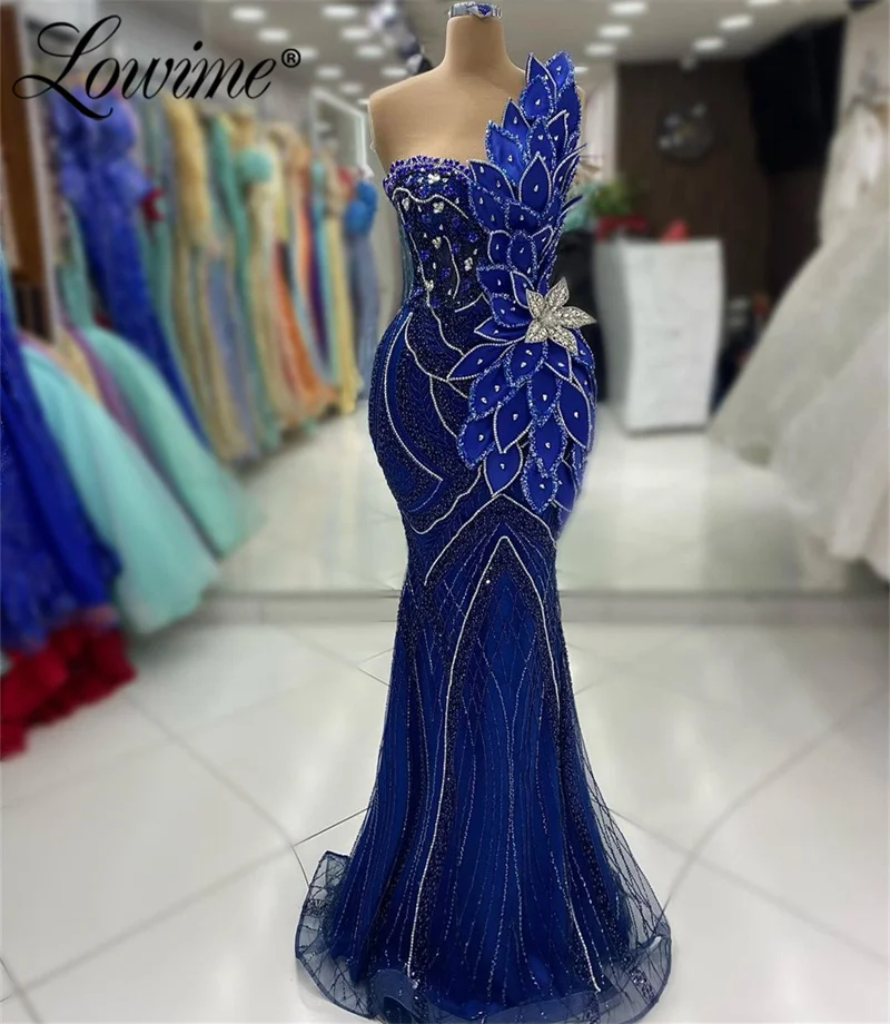 Vestido azul real com diamantes, folha 3D, vestidos de baile, cristais Aso Ebi personalizados, vestidos longos, festa de casamento, 2021